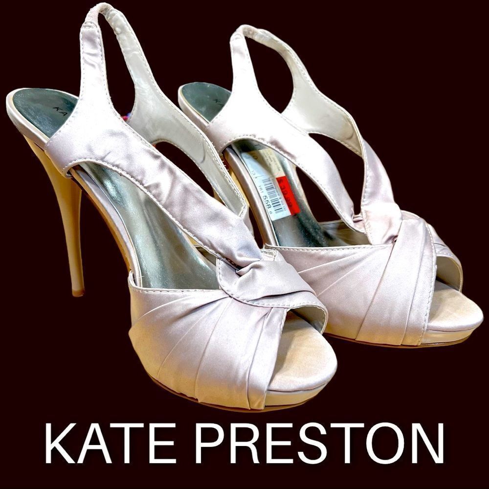 KATE PRESTON Sz 10 McKenna Taupe Fabric Stiletto Dress Sandals Heels